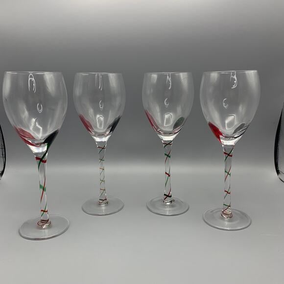 Pier 1 Optic Wine Glasses Red Green Swirl Set 4 Tear Drop Stemmed Christmas - Picture 3 of 9